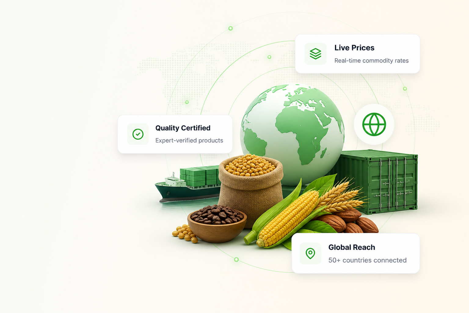 Akkipet platform — global agri-commodity trade with live prices, quality certification, and worldwide reach